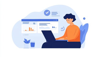 A man working on a laptop with a sophisticated AI assistant dashboard that provides actionable insights for data analysis, research.