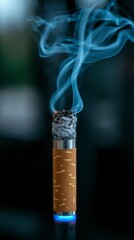 Close Up of Burning Cigarette with Blue Light and Smoke