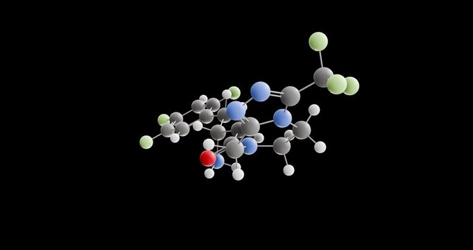 Sitagliptin molecule, rotating 3D model of anti-diabetic medication, looped video on a black background