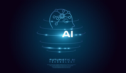 The AI head concept world background template Vector illustration. with A neon-blue outline of a human head with circuit-like patterns and a gear symbol represents AI and machine learning