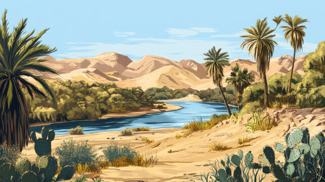 River in desert oasis cartoon vector landscape. Egypt Nile game panorama illustration with tree, cactus and water. Drought savannah scenery hills. Hot wilderness safari journey scene with blue sky
