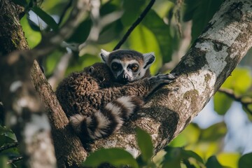Ring-tailed lemur mother and baby cuddling in a tree, sunlight dappled through leaves.