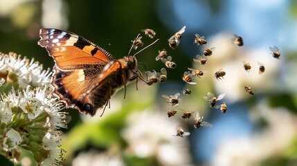 A Painted Lady butterfly feeding on a flower surrounded by a swarm of bees.