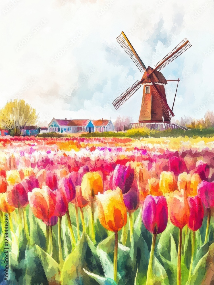 Poster vibrant tulip fields with a classic windmill under a sunny spring sky. generative ai