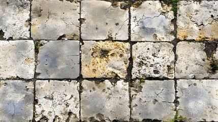 Weathered Stone Pavement Texture Background. Grungy, Aged, Cracked Grey and Yellow Stone Tiles, Close-up Detail