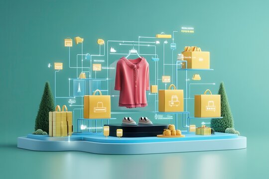 A 3D display featuring a pink shirt and shoes, surrounded by digital icons, representing e-commerce and logistics innovation.