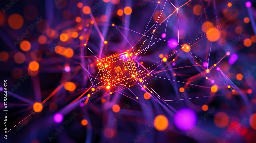 Aufkleber glowing cube connected by lines and dots in a dark background.