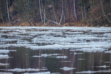 A partially frozen river winds through a winter landscape, with floating ice patches and snow-covered banks surrounded by a dense forest of tall trees. Reflections add depth to the scene.