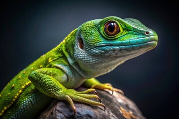 Naklejka premium Stunning Green Lizard Close-Up Product Photography; Reptile Scales, Vivid Colors, Nature Stock Image