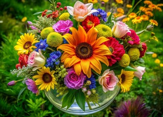 Aerial View: Vibrant Summer Bouquet of Roses, Lilies, Sunflowers & Cosmos in Glass Vase