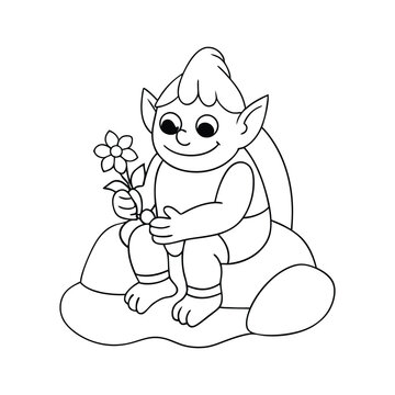 recommend clip art: A cute troll sitting on a rock near a waterfall, holding a tiny flower and smiling coloring page
