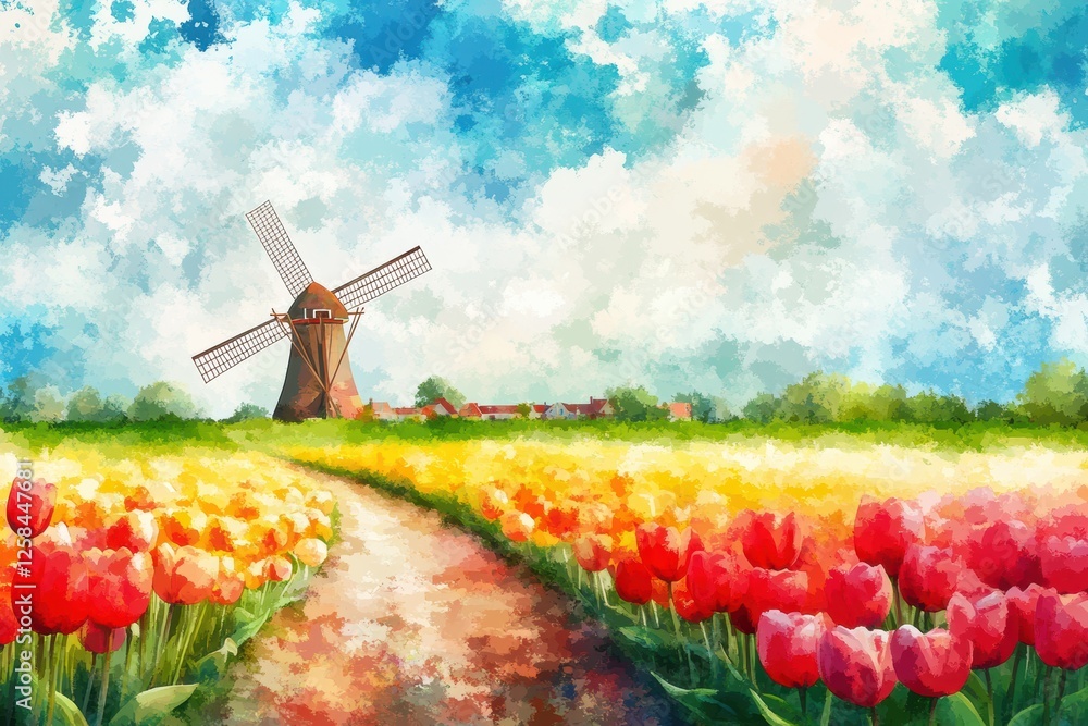 Fototapete colorful watercolor tulip fields with a windmill surrounded by vibrant spring colors and blank space