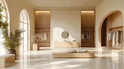 A spacious, minimalist interior featuring natural wood accents, soft colors, and stylish clothing displays, creating a serene atmosphere.