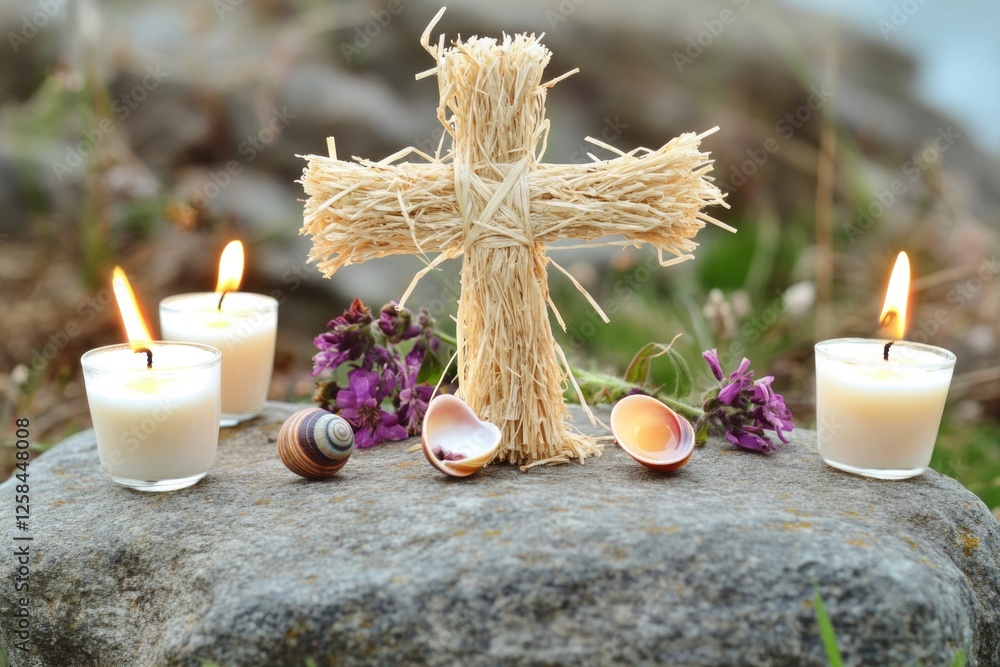 Poster a christian symbol marked on a rocky surface lit by multiple candles