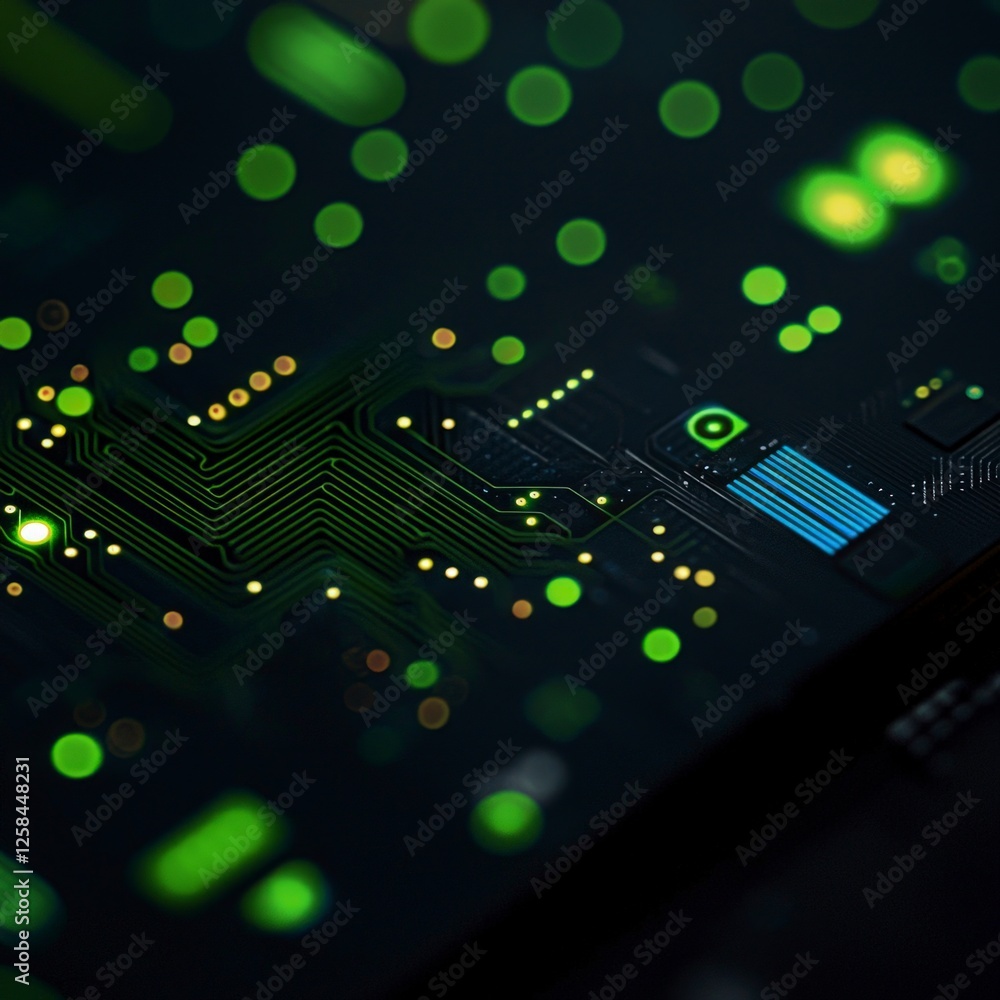 Poster close up of green circuit board with glowing lights and bokeh