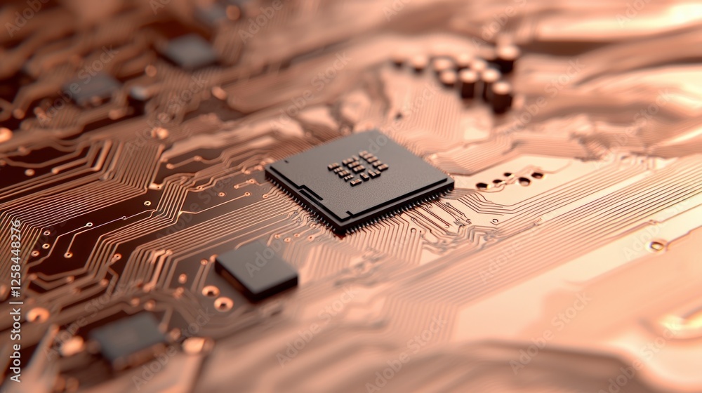 Poster close-up of golden circuit board with microchip