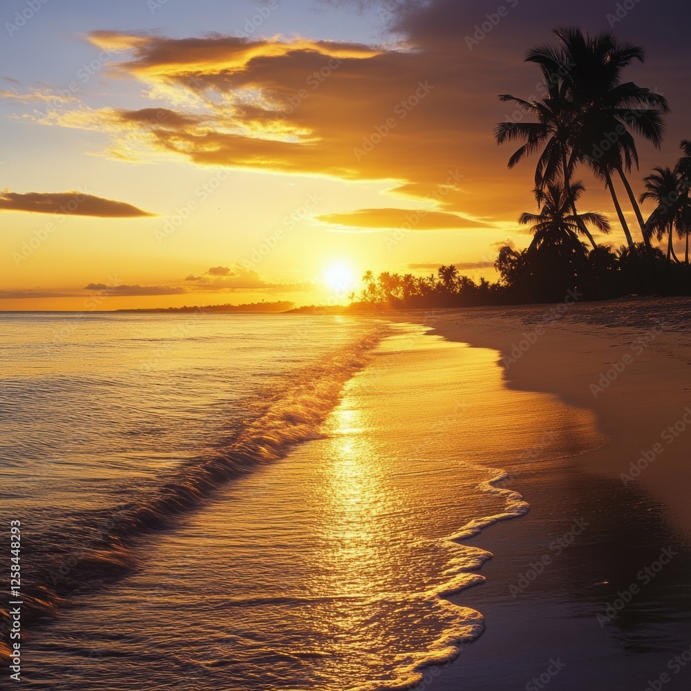 Poster serene sunset over a tranquil beach with palm trees and gentle waves reflecting the golden hues of t