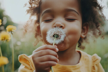Happy little african american girl blowing a flower in outside. Cheerful child having fun playing and blowing a dandelion into the air in a park. Kid having fun with joy playing with a plant outdoors