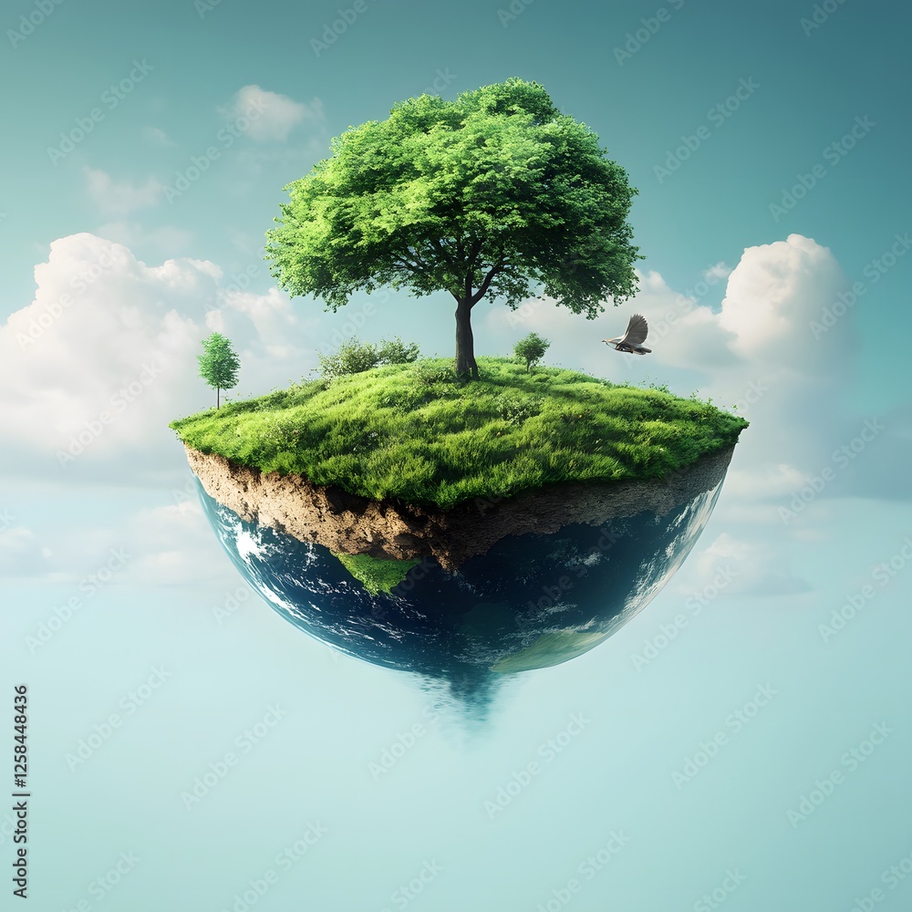 Poster a small island with a tree and a bird flying over it