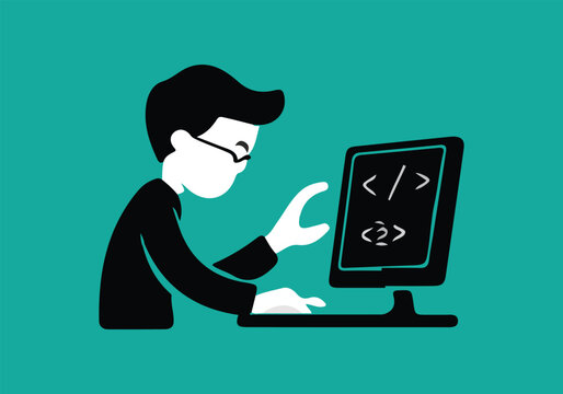 Vector Illustration of a Programmer Coding on a Computer Screen with HTML CSS Tags