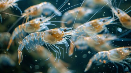 Obraz premium A group of lively shrimp glides through crystal clear water, showcasing their unique colors and delicate movements. Sunlight filters down, creating a tranquil atmosphere.