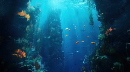 Naklejka premium Enchanting underwater ocean scene with vibrant marine life and deep blue waters