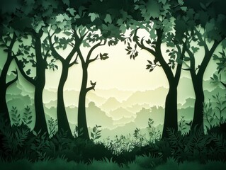 Obraz premium Serene forest with lush green trees and hills.