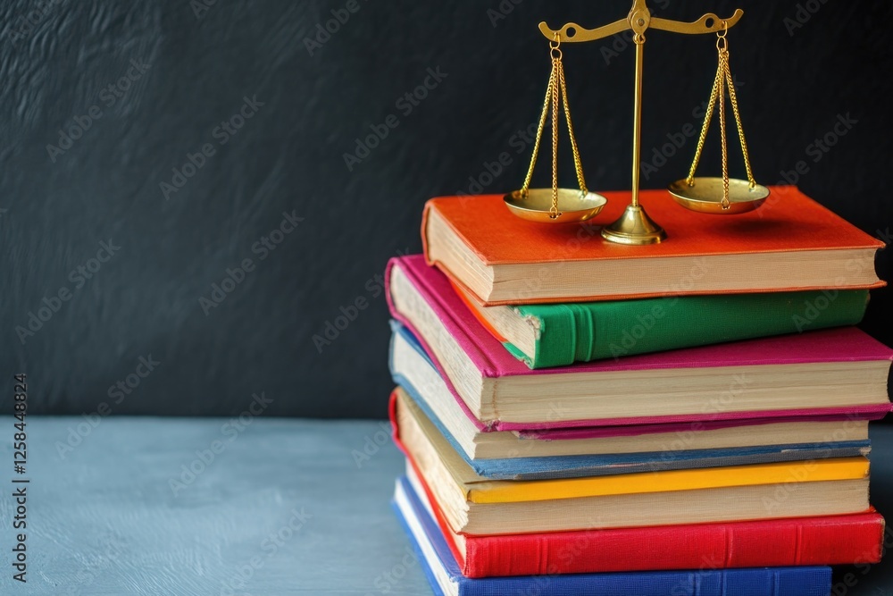 Poster A pile of books topped with a scale, ideal for representing measurement or weight in an educational setting