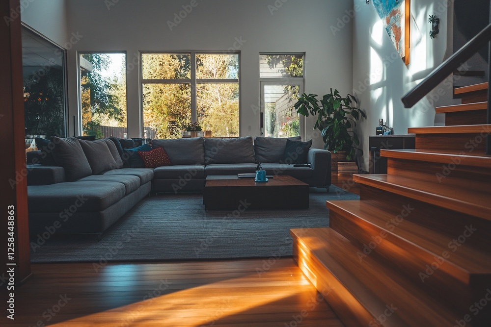 Wall mural Sunlit modern living room with sectional sofa, coffee table, large windows, and wooden staircase.