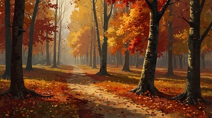 A peaceful autumn landscape with colorful falling leaves blanketing the forest floor in warm tones.