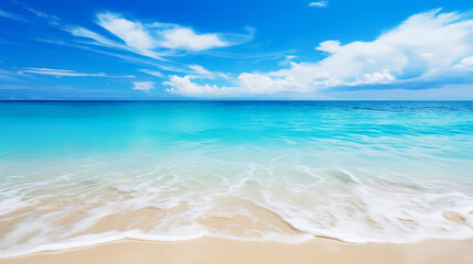 Obraz premium Clear turquoise sea with sand bubbles and wave on tropical beach and blue sky white cloud on summer holiday