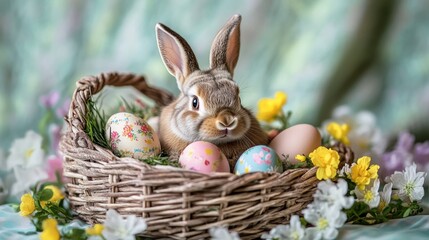 Vibrant easter celebration with colorful eggs and cute bunny in a decorative woven basket