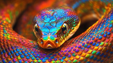 Fototapeta premium Close-up of a vibrant, iridescent snake with colorful scales.