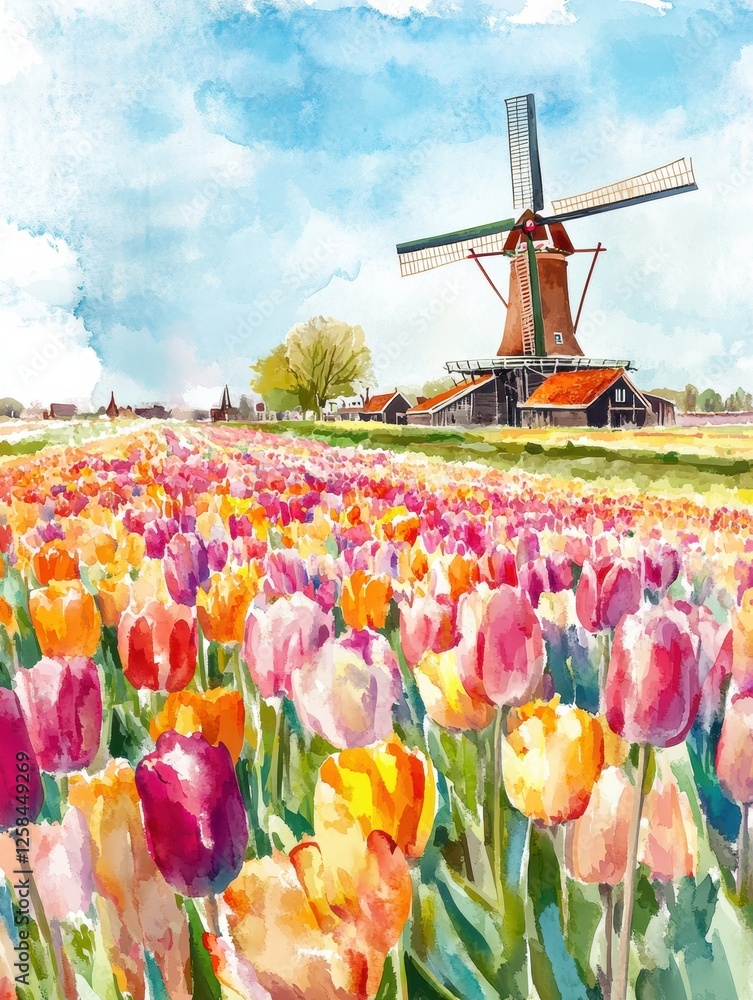 Poster Vibrant tulip fields with a windmill create a picturesque spring landscape in a colorful watercolor illustration. Generative AI