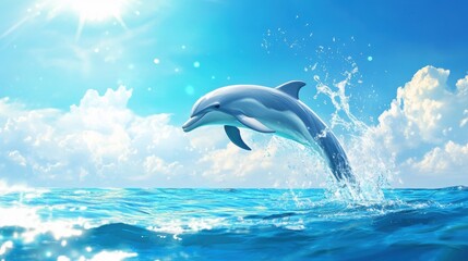 Vibrant dolphins leaping playfully in dynamic ocean scene