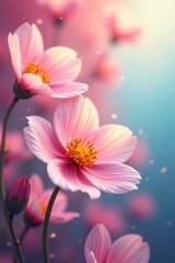 Fototapeta premium Softly glowing flowers in a gradient background of pink blue yellow , yellow, soft, blue