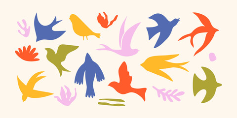 Abstract colored birds. Simple bird silhouettes, minimalistic hand drawn folk decorative birdy elements and organic naive shapes for pattern sticker print design. Vector set