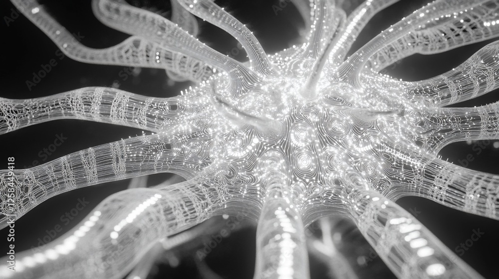 Poster abstract glowing network structure, complex interconnected system.