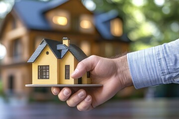 A person is holding a small model of a house