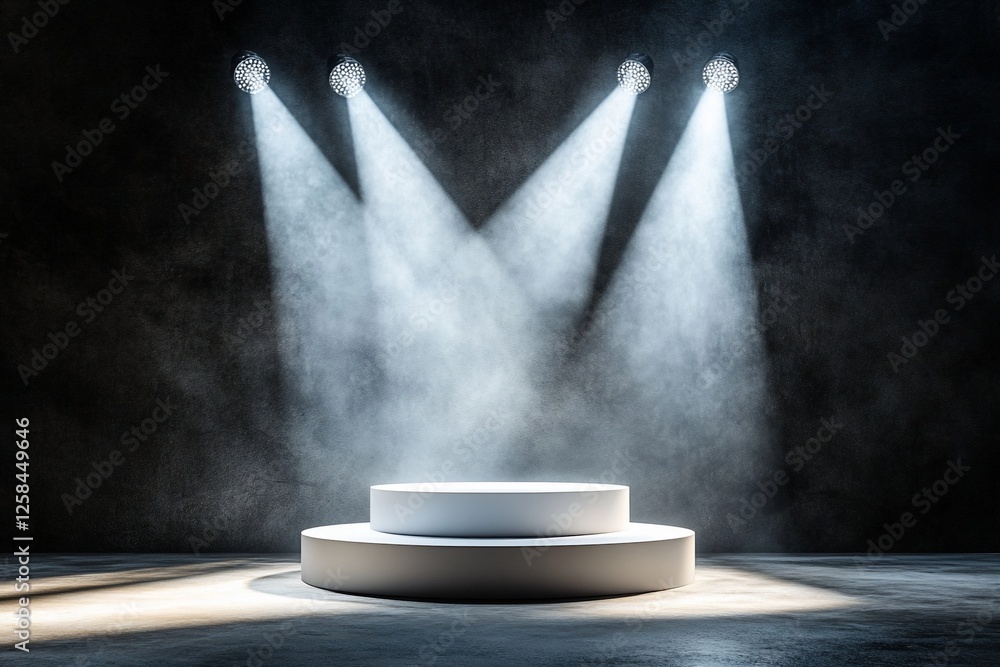 Poster illuminated empty stage with spotlights and fog.