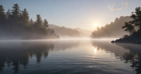 Fototapeta premium Softly glowing mist over a calm body of water, serene, nature, scenery