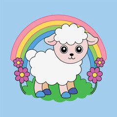 A fluffy little lamb standing in a meadow with flowers and a rainbow behind it