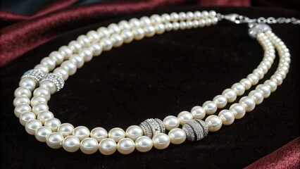 Dazzling white pearl necklace on a rich deep black background with silver accents that add an air of sophistication, elegant statement jewelry, metallic details, premium materials, luxury necklaces