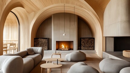 Modern minimalist living room with arched wood ceiling, fireplace, and comfortable seating.