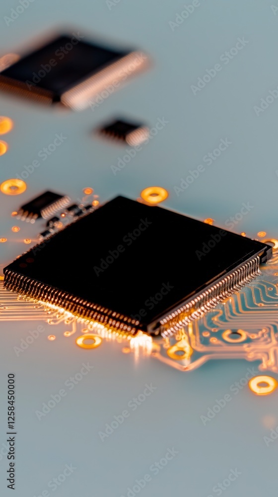 Poster close up of microchip on circuit board with glowing golden traces