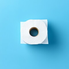A roll of white toilet paper on a blue background. View from above. Copy space. 