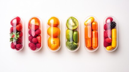 Creative concept of fruits and vegetables in vitamin capsule form for healthy living