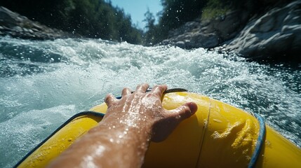 Close-up of a hand on a yellow raft navigating a whitewater river.