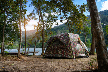 Camping Tent in the Forest by the Lake with Scenic Nature View
