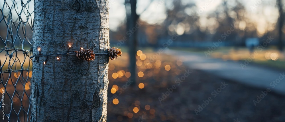 Poster close up of pine cone on tree with string lights at dusk